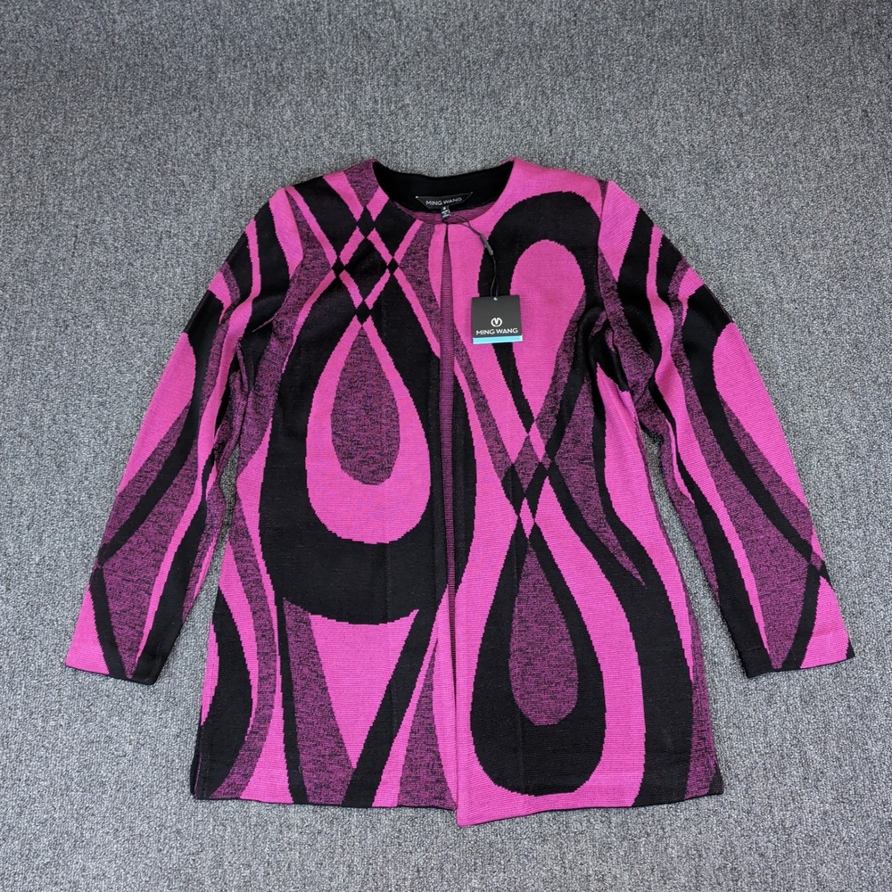 Ming Wang Modern Graphic Swirl Open Front Knit Jacket Women Small Pink Black NWT